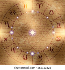 Magic circle of zodiac signs on manuscript background. Manuscript background may be used as seamless pattern.