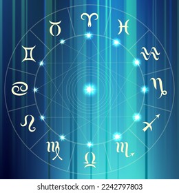 Magic circle with zodiacs sign on abstract blur background.