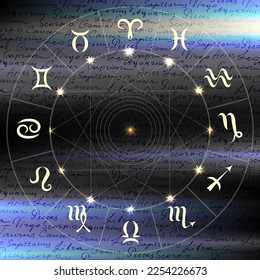 Magic circle with zodiacs sign on abstract blur background.