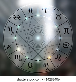 Magic circle with zodiacs sign on blur photo of city. Transparent zodiac circle.