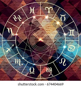 Magic circle with zodiacs sign on abstract grunge background.