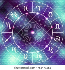 Magic circle with zodiacs sign on abstract grunge background.