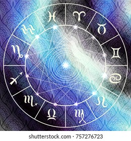 Magic circle with zodiacs sign on abstract grunge background.