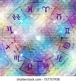 Magic circle with zodiacs sign on abstract grunge background.