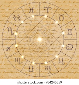 Magic circle with zodiacs sign on retro grunge background.