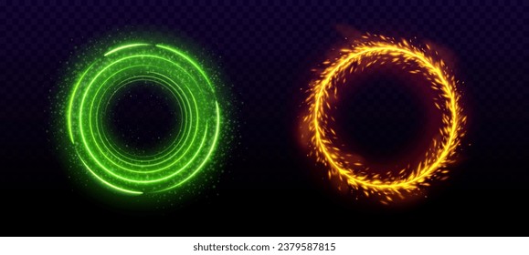 Magic circular portal with light glow effect. Realistic vector illustration set of neon fantasy door to another world. Round energy ring with sparkles and fog. Flare luminous teleport ball and frame. svg