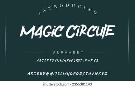 Magic Circule Lettering font isolated on black background. Texture alphabet in street art and graffiti style. Grunge and dirty effect.  Vector brush letters.