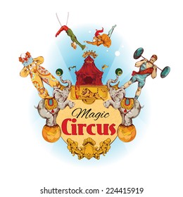 Magic circus colored background with clowns animals acrobat athlete vector illustration