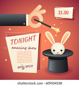 Magic circus hand show holding wand poster template stylish background retro cartoon design vector illustration