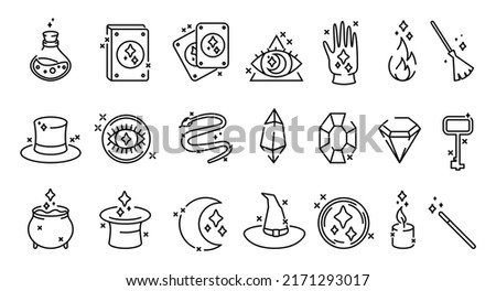Magic circus icons. Witchcraft line pictograms set. Magician hat. Mirror and wand. Magical trick. Tarot card. Mystery and fantasy wonderland for witch or fairy. Vector illustration