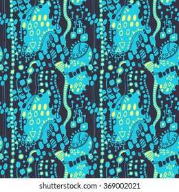Magic city. Hand drawn Abstract seamless pattern with ethnic motives. Circles, triangles, spirals, lines, waves, rhombuses, zigzags, squares, spots...