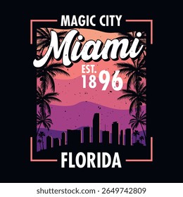 Magic City Miami Florida est 1896 - Sunset Skyline com palmeira árvores t-shirt e cartaz vetor