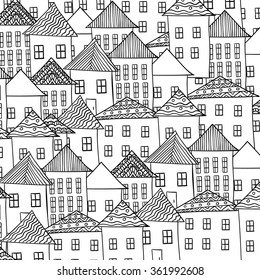  Ciudad Mágica. Fondo de la calle. Pluma de tinta. Zentangle. Patrón blanco y negro en el vector.