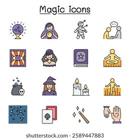 Magic and clairvoyance icon set in color line style