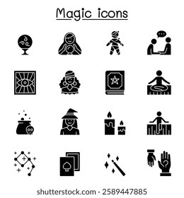 Magic and clairvoyance icon set in glyph style