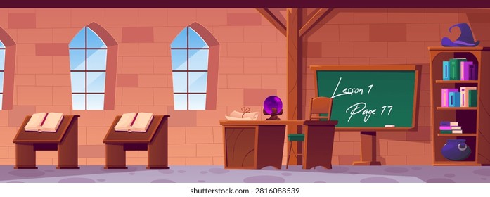Magic classroom interior vector flat illustration. Wizard, sorcerer lecture classroom with furniture, desks, chalkboard and magic stuff. Cartoon mystical witchcraft education