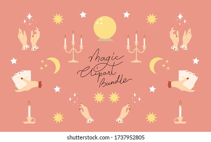 Magic clipart bundle. Eye of Providence. Moon, stars, astrology, alchemy, occultism and magical symbols. Vector illustration. Fortuneteller, gypsy, taror cards, candles, hands, magic ball icons