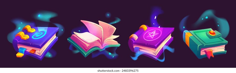 Magic closed and open books with parchment paper, hard cover with glowing ancient wizard symbols, bookmarks. Cartoon vector game ui design assets of old medieval mystery literature with papyrus page.