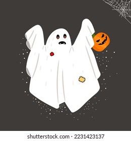 Magic cloth Ghost with cartoon scary spooky face. Cute flying phantom vector illustration. Creepy boo character for Halloween. Spooky ghost design, fear cartoon face