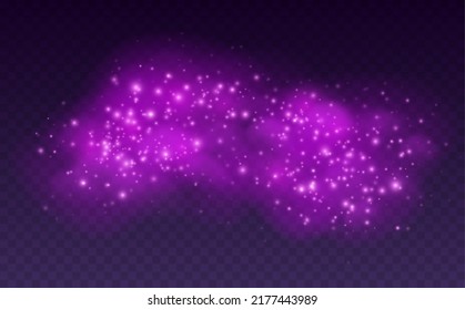 Magic cloud with sparkles, purple fairy stardust with sparks. Shiny fog for a witch spell, cosmic dust with glowing flares isolated on a dark background. Vector illustration.