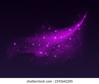 Magic cloud with sparkles, purple fairy stardust with sparks. Shiny fog for a witch spell, cosmic dust with glowing flares isolated on a dark background. Vector illustration.