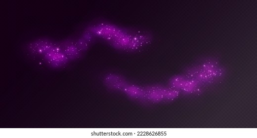 Magic cloud with sparkles, purple fairy stardust with sparks. Shiny fog for a witch spell, cosmic dust with glowing flares isolated on a dark background. Vector illustration.