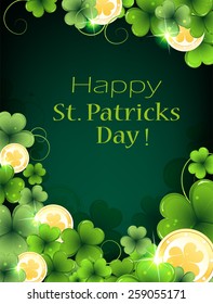 Magic clover and gold coins on a green background.  St. Patrick's Day abstract background