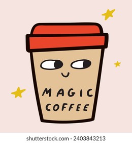 Magic coffee. Cute cup. Vector flat illustration. Hand drawn graphic  design on pink background. Card design.