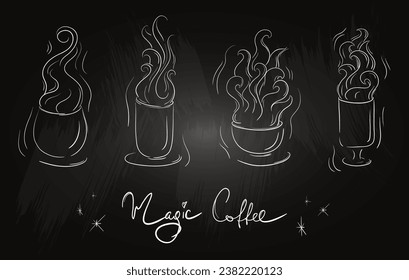 Magic coffee. Horizontal set of hand-drawn coffee cups. Stylized sketch coffee on a chalkboard.