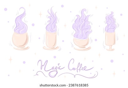 Magic coffee. Horizontal set of hand-drawn magic coffee cups with ciolet flame. Stylized sketch coffee.