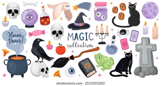 Magic collection. Big set of magical Halloween illustrations. Witch cauldron and hat, black cat, broom, owl, frog, skull, crow, tombstone, candles, potion, spider, moon.