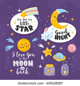 Magic collection of scrapbook stickers. Illustration with hand lettering and different elements of fairy tales. Beautiful childish night elements and characters. Sweet dreams. 