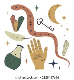 magic collection with snake, bottle of potion, hand with symbols, crystals and other mystery objects