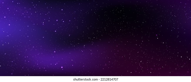 Galaxia de color mágico con estrella y planeta. Fondo espacial con nebulosa morada y rosa realista, polvo de estrellas y estrellas brillantes. Universo infinito y cielo azul estrellado. Luz cosmos realista. Vector