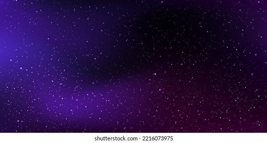 Magic color galaxy with star and planet. Space background with realistic purple and pink nebula, stardust and shining stars. Infinite universe and starry night blue sky. Realistic cosmos light. Vector