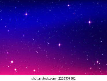 Magic color galaxy with star and planet. Infinite universe and starry night blue sky. Realistic cosmos light. Space background with realistic purple and pink nebula, stardust and shining stars. Vector