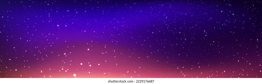 Galaxia de color mágico con estrella y planeta. Universo infinito y cielo azul estrellado. Luz cosmos realista. Fondo espacial con nebulosa morada y rosa realista, polvo de estrellas y estrellas brillantes. Vector