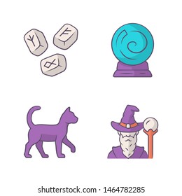 Magic  color icons set. Runestones, fortune telling crystal ball, witch cat, wizard. Witchcraft and sorcery halloween symbols. Isolated vector illustrations
