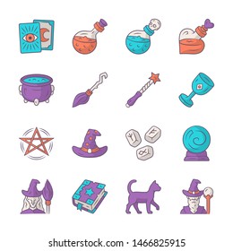 Magic  color icons set. Witchcraft, sorcery Halloween items. Occult, gypsy mystic rituals tools. Fortune telling, divination.  Superstitions & future predictions. Isolated vector illustrations