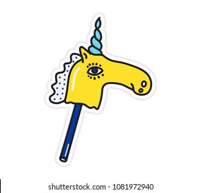 Magic colorful bright unicorn sticker vector illustration. Horse on a stick Trend hand drawing picture. Pop art fashion chic patch, pin, badge