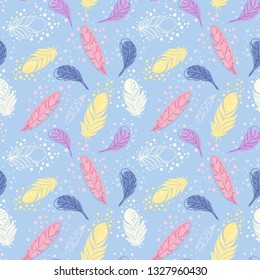Magic colorful feather. Fairy print. Seamless cute pattern. Pastel color background. 