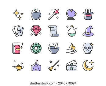 Magic colorful icon. Vector set of line magic and circus icon with wand, wizard, magic hat, broom, spell book, fantasy, rabbit, magical sphere. Spell objects and magician tools for web design