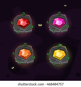 Magic colorful square gem stone. Set cartoon elements for game. Bright game object.Gui.