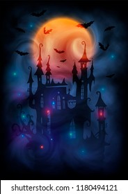 Magic colors giant full moon, witch castle dark silhouette, bats and mystic lights in fog. Halloween poster vector background