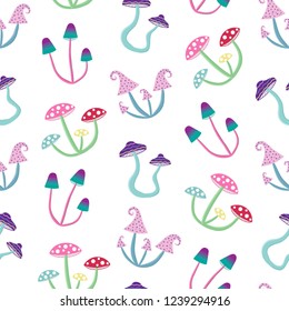 magic colourful psychedelic mushroom on a white background seamless pattern hippie psilocybin retro vector.