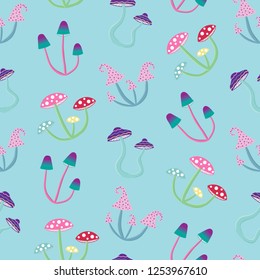 magic colourful psychedelic mushroom on a blue background seamless pattern hippie psilocybin retro vector.