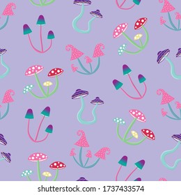magic colourful psychedelic mushroom on a purple background seamless pattern hippie psilocybin retro vector