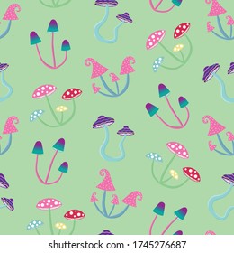 magic colourful psychedelic mushroom on a green background seamless pattern hippie psilocybin retro vector