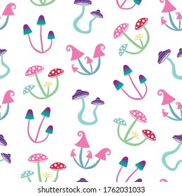 magic colourful psychedelic mushroom on a white background seamless pattern hippie psilocybin retro vector
