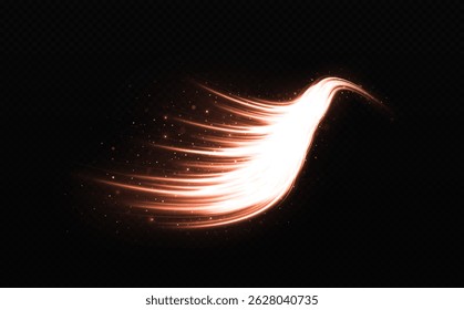 Magic comet with sparkling glares. Dynamic glowing trail with curved flow. Sparkling wavy lines on transparent background.